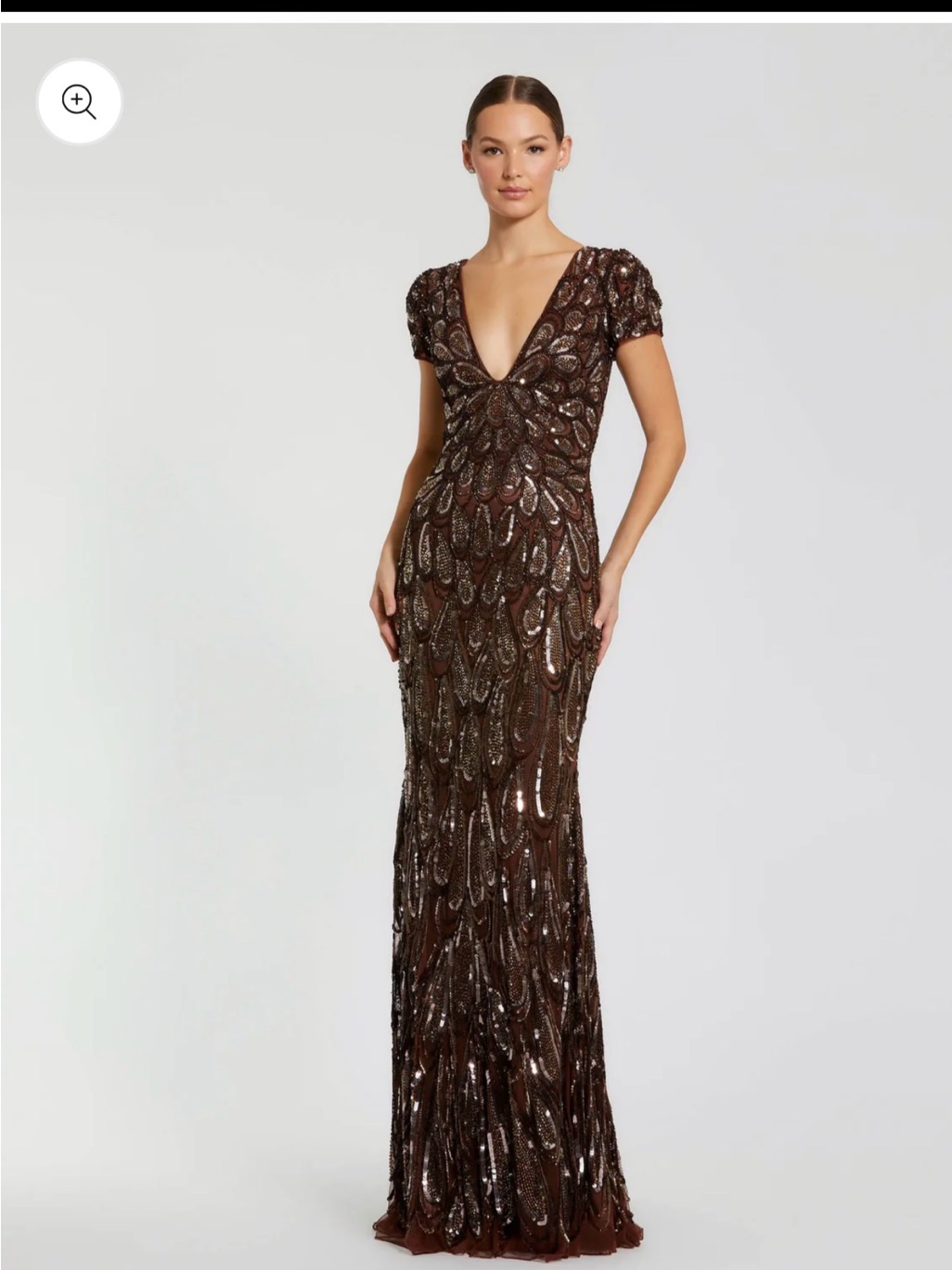 Mac Duggal Brown Sequin Deep V Maxi Gown